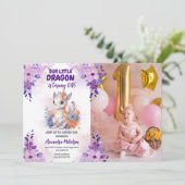 パープルウォーター色ドラゴンベビー1stバースデーフォト 招待状 (スタンド正面)