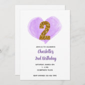 パープルウォーター色ハート金ゴールドグリッター2nd誕生日 招待状 (正面/裏面)