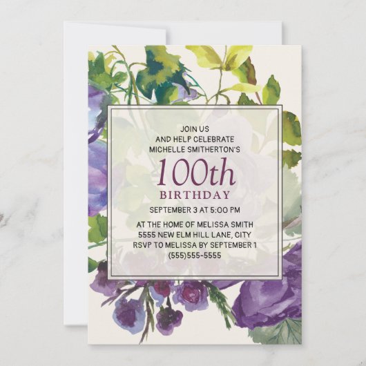 パープルウォーター色フローラつる植物100誕生日 招待状 (正面)