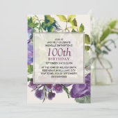 パープルウォーター色フローラつる植物100誕生日 招待状 (スタンド正面)