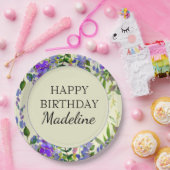 パープルウォーター色フローライエローバースデーパーティー ペーパープレート (パーティー)