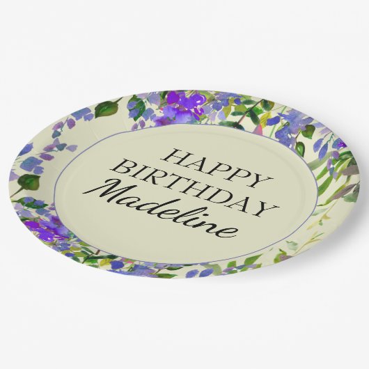 パープルウォーター色フローライエローバースデーパーティー ペーパープレート (アングル)