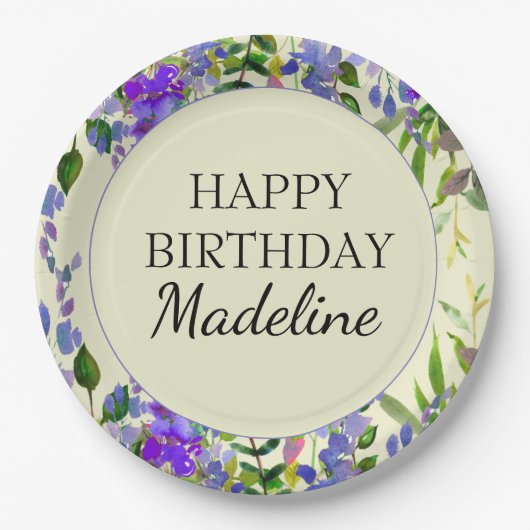 パープルウォーター色フローライエローバースデーパーティー ペーパープレート (正面)