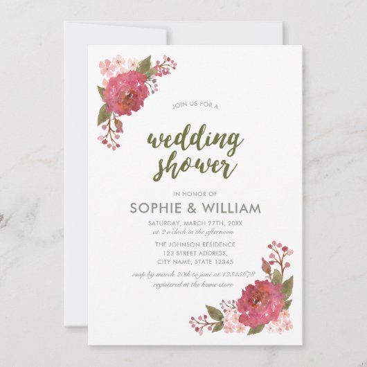 パープルウォーター色フローラウェディングシャワー招待状 招待状 (正面)