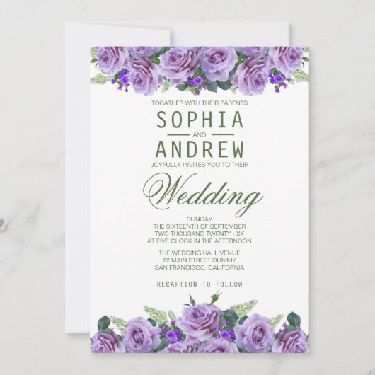 パープルウォーター色フローラエレガントな結婚式 招待状 (正面)
