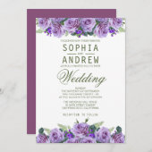 パープルウォーター色フローラエレガントな結婚式 招待状 (正面/裏面)