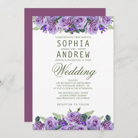 パープルウォーター色フローラエレガントな結婚式 招待状 (正面/裏面)