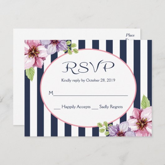 パープルウォーター色フローラネイビーストライプブルー結婚ズ ポストカード (正面/裏面)