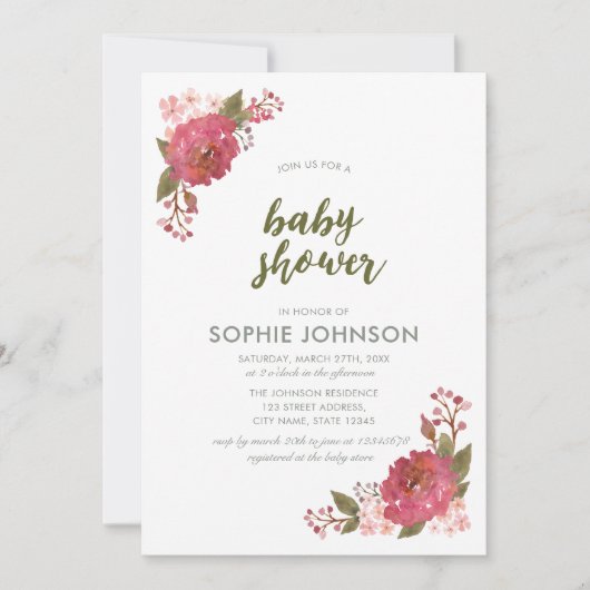 パープルウォーター色フローラベビーシャワー招待状 招待状 (正面)