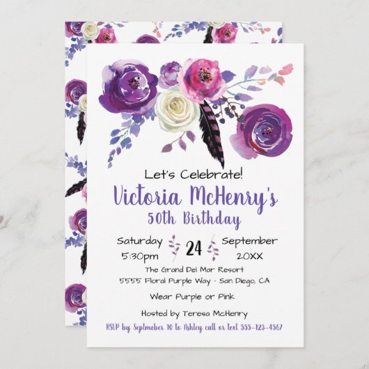 パープルウォーター色フローラボホバースデーパーティー 招待状 (正面/裏面)