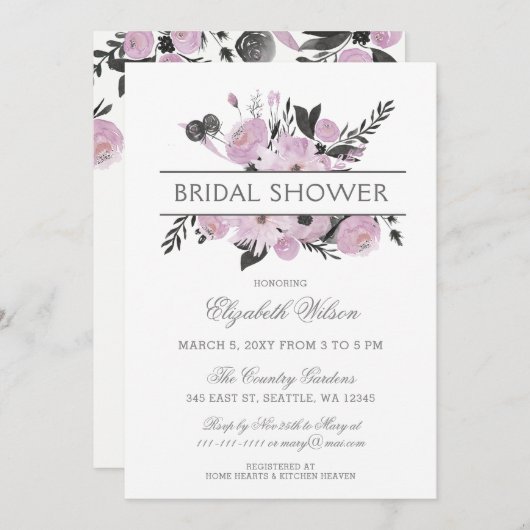 パープルウォーター色フローラ春ブライダルシャワー 招待状 (正面/裏面)