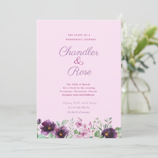パープルウォーター色フローラ結婚式招待状 招待状 (スタンド正面)