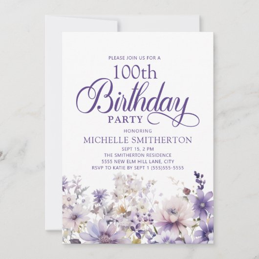 パープルウォーター色フローラ100誕生日 招待状 (正面)