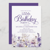 パープルウォーター色フローラ100誕生日 招待状 (正面/裏面)