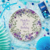 パープルウォーター色フローラ70誕生日 ペーパープレート (パーティー)