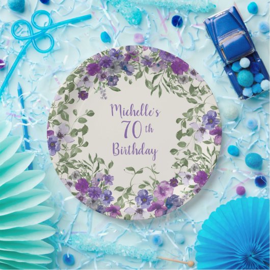 パープルウォーター色フローラ70誕生日 ペーパープレート (パーティー)