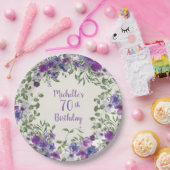 パープルウォーター色フローラ70誕生日 ペーパープレート (パーティー)