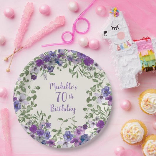 パープルウォーター色フローラ70誕生日 ペーパープレート (パーティー)