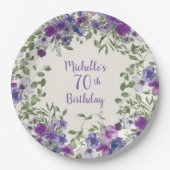 パープルウォーター色フローラ70誕生日 ペーパープレート (正面)