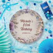 パープルウォーター色フローラ80誕生日 ペーパープレート (パーティー)