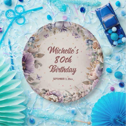 パープルウォーター色フローラ80誕生日 ペーパープレート (パーティー)