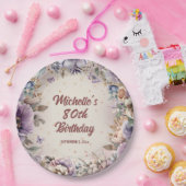 パープルウォーター色フローラ80誕生日 ペーパープレート (パーティー)