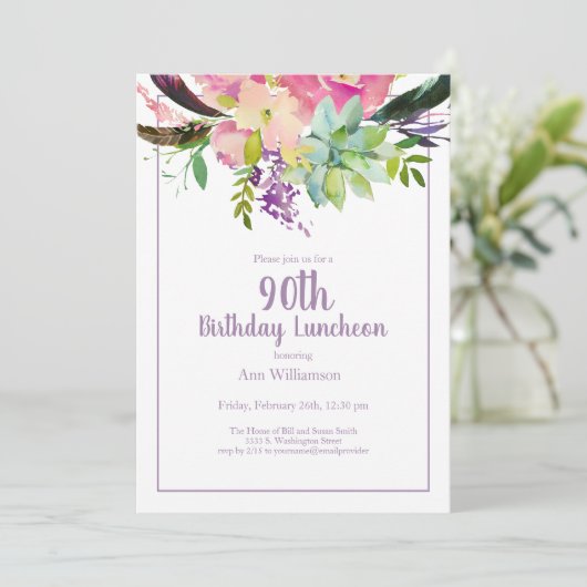 パープルウォーター色フローラ90誕生日 招待状 (スタンド正面)