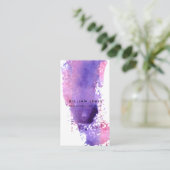 パープルウォーター色ミニマルQRコードソーシャルメディア 名刺 (スタンド正面)