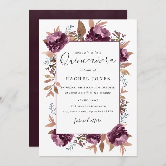 パープルウォーター色開花キンセアニェラ招待状 招待状 (正面/裏面)