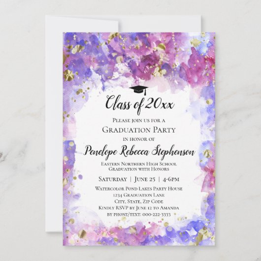 パープルウォーター金ゴールド（ばちゃばちゃ）跳ねる卒業パーティー 招待状 (正面)