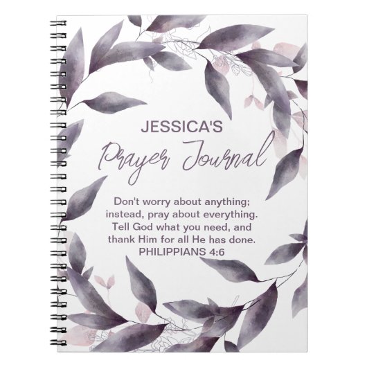 パープルウォーター離れカラーカスタマイズ祈りの言葉ジャーナル ノートブック (正面)