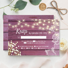 パープルウッドのストリングライトとレースの結婚式RSVP 出欠カード