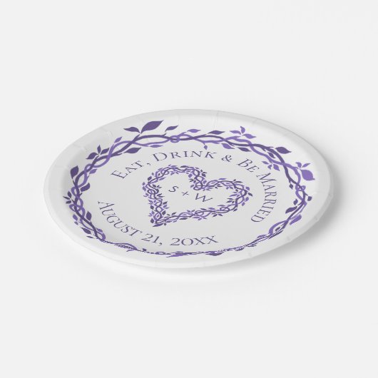 パープルウッドシ結婚のハートリース装飾品 ペーパープレート (アングル)