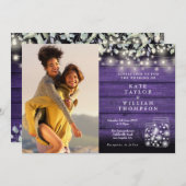 パープルウッドストリングライツライトフローラ結婚写真 招待状 (正面/裏面)