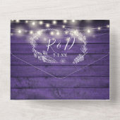 パープルウッドストリングライトQRコードフローラ結婚ズ オールインワン招待状 (裏面)