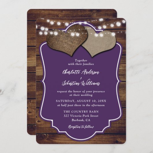 パープルウッドバーラップハートストリングライツ結婚ズ 招待状 (正面/裏面)