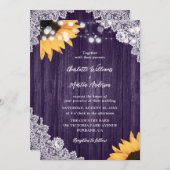 パープルウッドフローラレースサンフラワー結婚ズ 招待状 (正面/裏面)