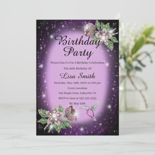パープルエイジきらきら光るフローラバード誕生日 招待状 (スタンド正面)