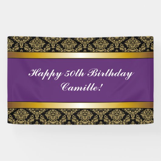 パープルエイジ金ゴールドダマスク誕生日バナー 横断幕 (横)