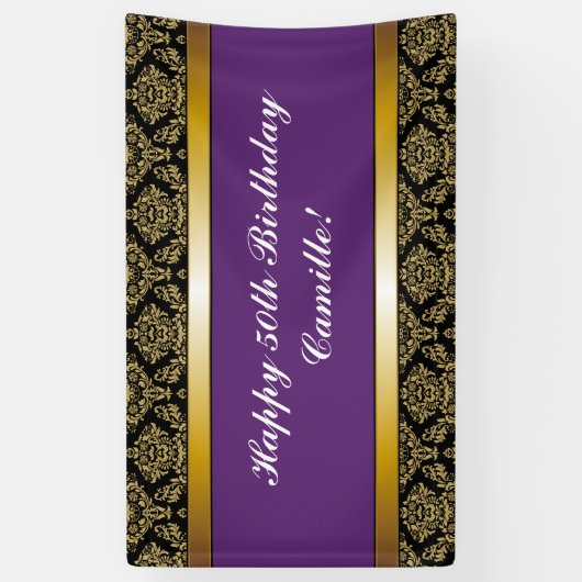 パープルエイジ金ゴールドダマスク誕生日バナー 横断幕 (縦)