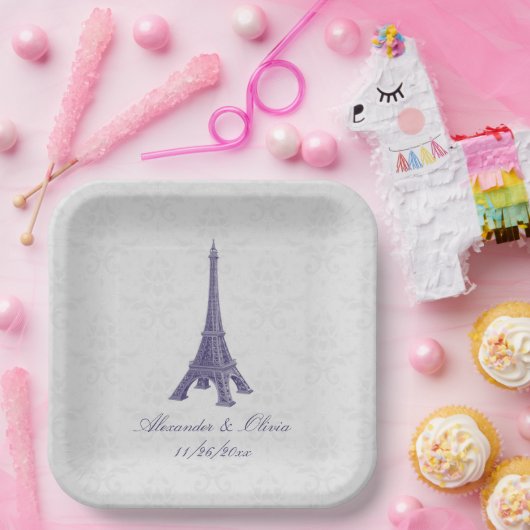 パープルエッフェルタワーダマスクウェディングシャワー ペーパープレート (パーティー)