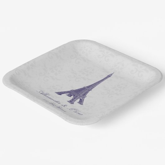 パープルエッフェルタワーダマスクウェディングシャワー ペーパープレート (傾斜あり)