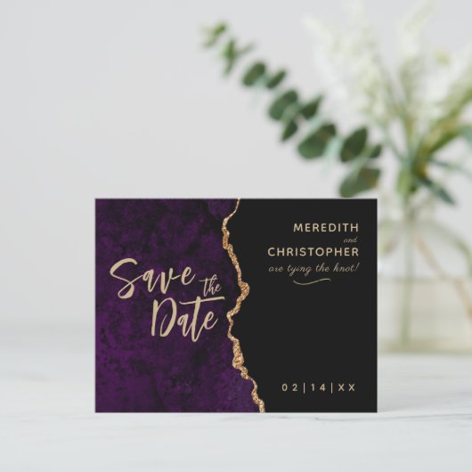 パープルエレガンス瑪瑙ウェディング日付を保存 案内ポストカード (スタンド正面)