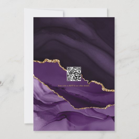 パープルエレガントおよび金ゴールドア結婚ガートのQRコード 招待状 (裏面)
