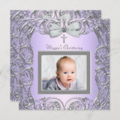 パープルエレガントとグレーの《キリスト教》洗礼式や命名式招待状 招待状 (正面/裏面)