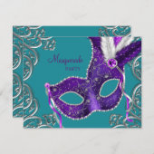 パープルエレガントとターコイズブルーマスカレードパーティー 招待状 (正面/裏面)