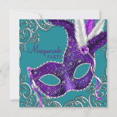 パープルエレガントとターコイズブルーマスカレードパーティー 招待状 (正面)