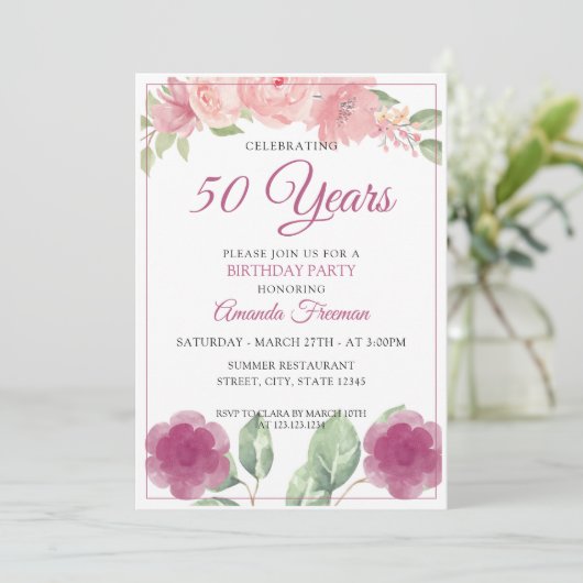 パープルエレガントとピンクのフローラマザー誕生日 招待状 (スタンド正面)