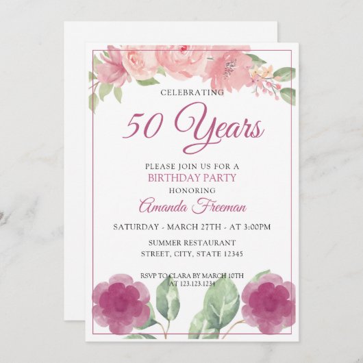 パープルエレガントとピンクのフローラマザー誕生日 招待状 (正面/裏面)