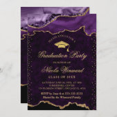 パープルエレガントと金ゴールドの大理石瑪瑙の卒業 招待状 (正面/裏面)